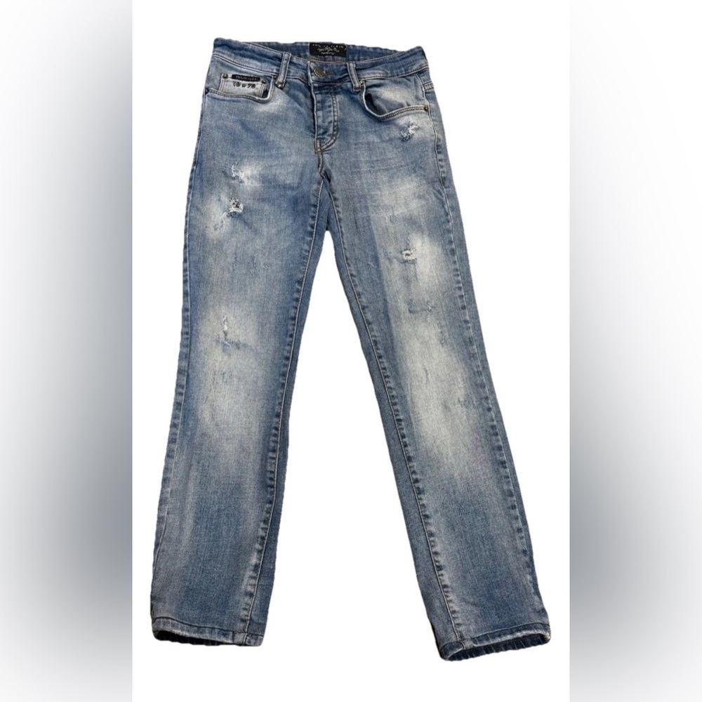 Philipp Plein Mens Distressed Straight Leg Jeans Light Blue Denim Waist 29
